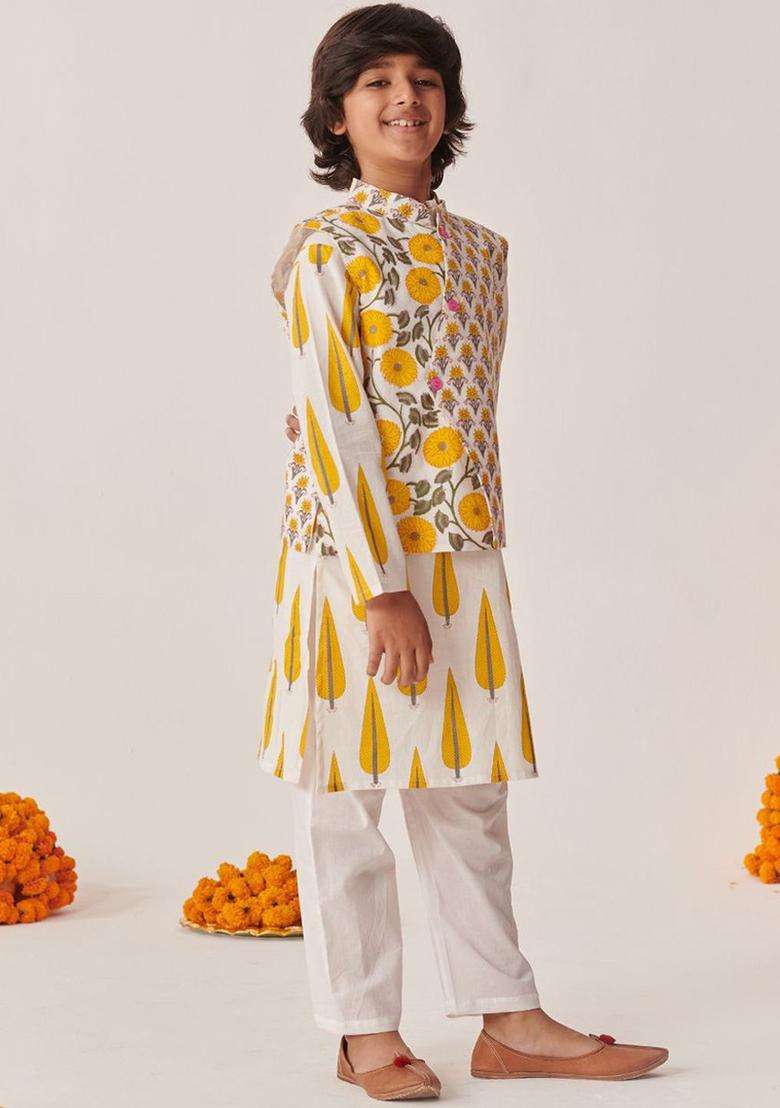 Grey Printed Cotton Kurta Set For Boys - Indya