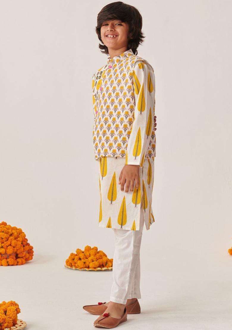 Grey Printed Cotton Kurta Set For Boys - Indya