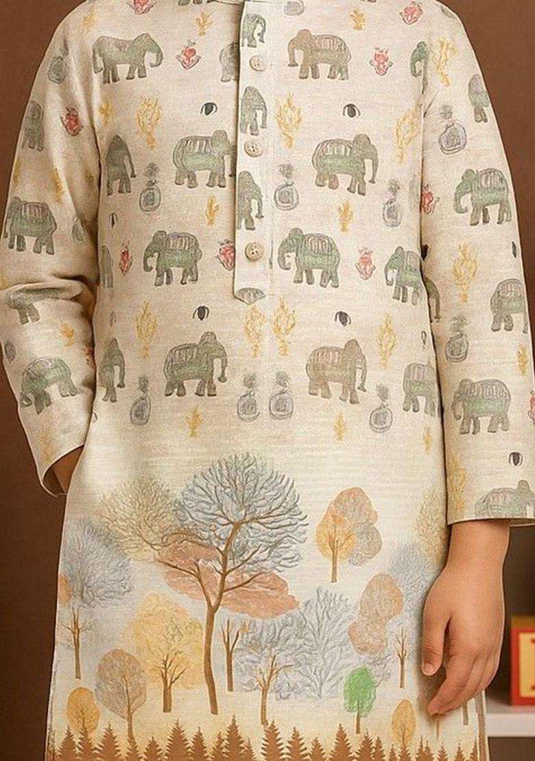 Brown Printed Cotton Kurta Set For Boys - Indya