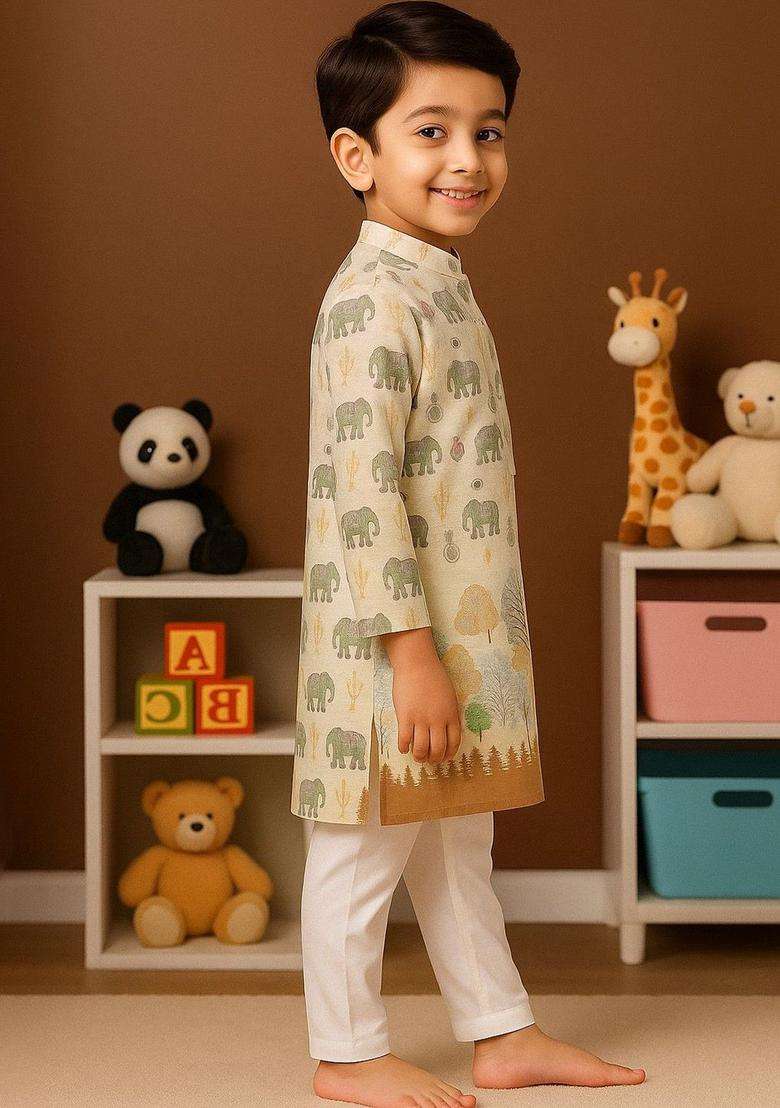 Brown Printed Cotton Kurta Set For Boys - Indya