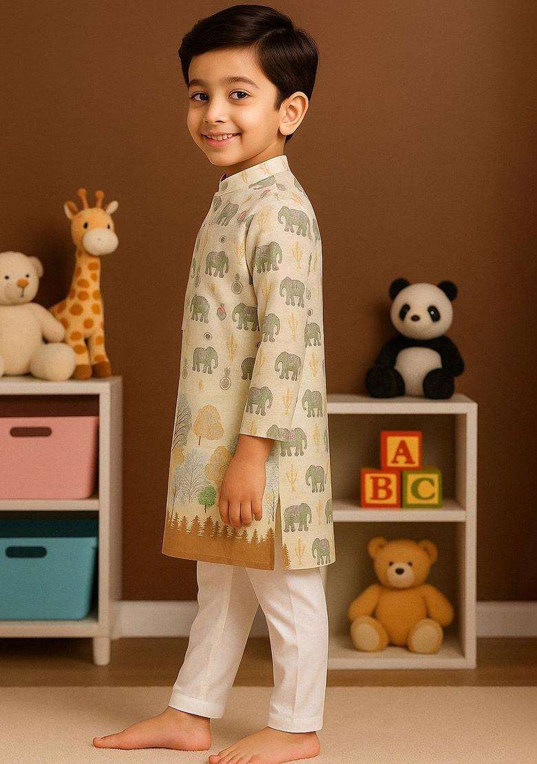 Brown Printed Cotton Kurta Set For Boys - Indya
