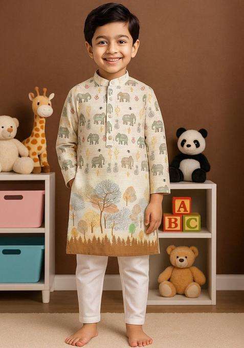 Brown Printed Cotton Kurta Set For Boys