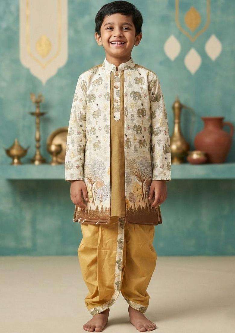 Off White Printed Silk Kurta Set For Boys - Indya