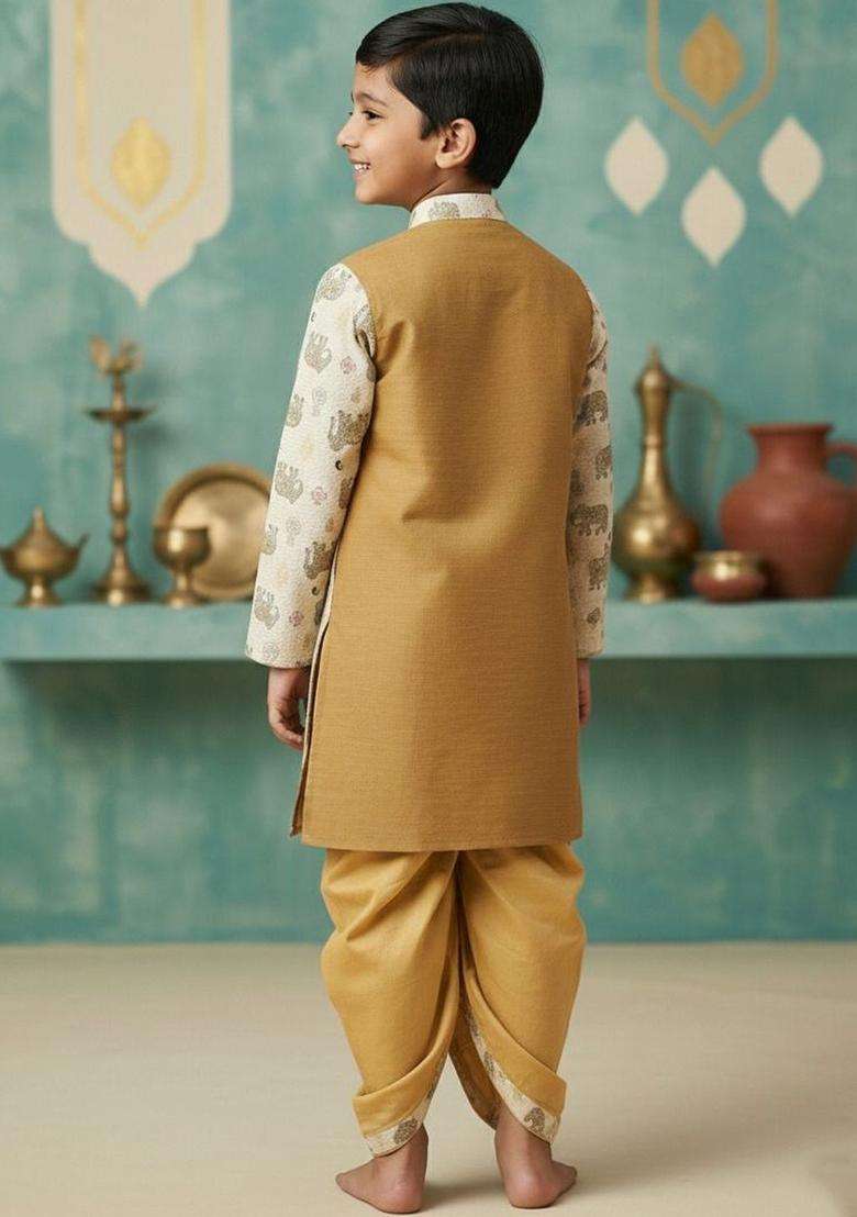 Off White Printed Silk Kurta Set For Boys - Indya
