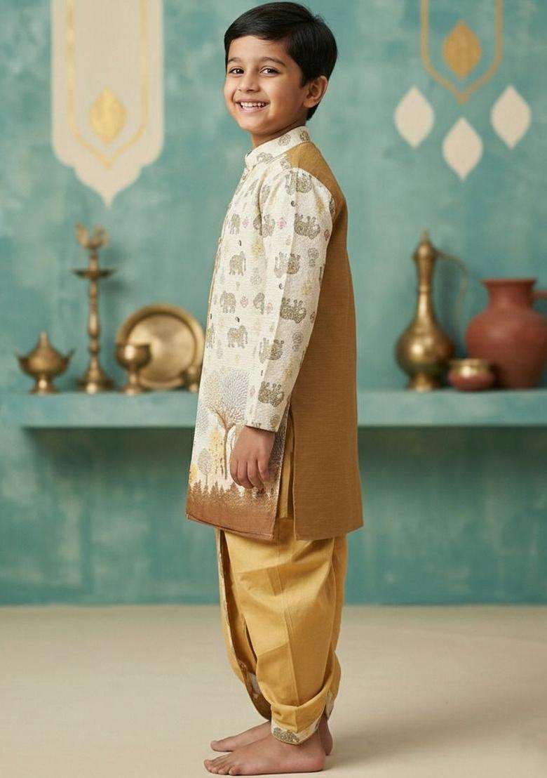 Off White Printed Silk Kurta Set For Boys - Indya