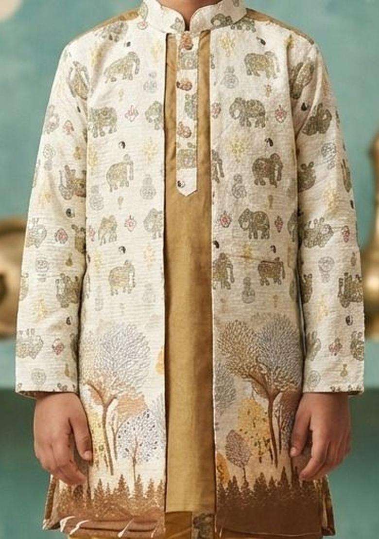 Off White Printed Silk Kurta Set For Boys - Indya