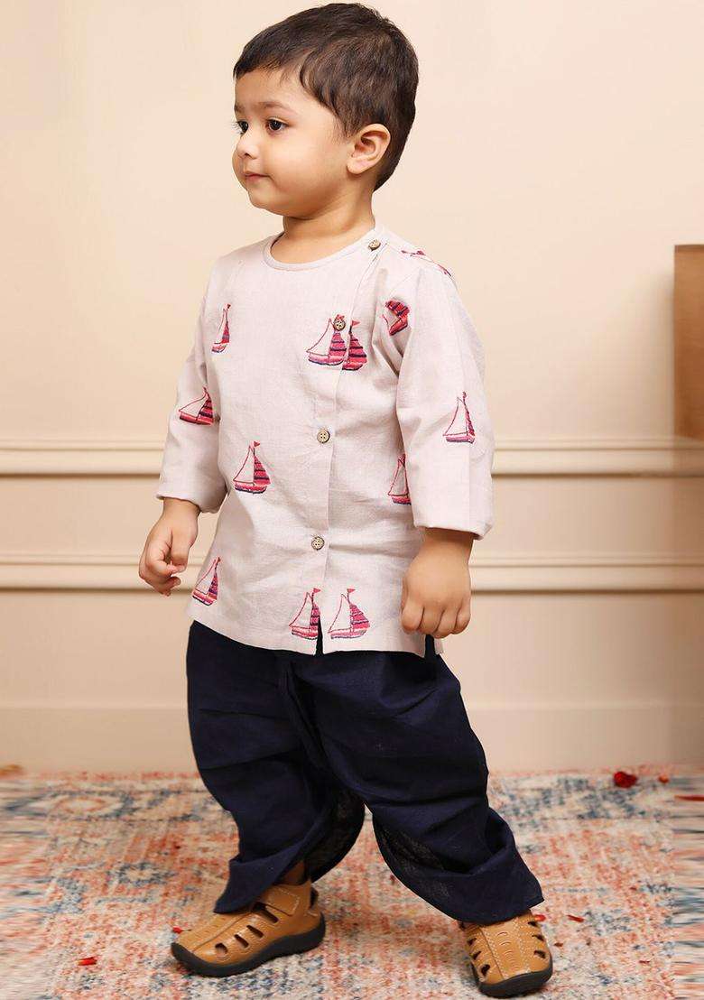 Grey Embroidered Cotton Kurta Set For Boys - Indya