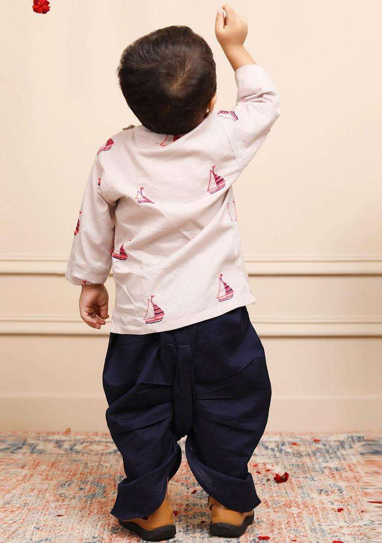 Grey Embroidered Cotton Kurta Set For Boys - Indya
