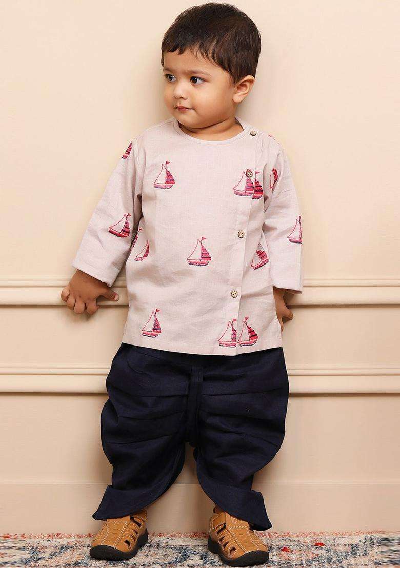 Grey Embroidered Cotton Kurta Set For Boys - Indya