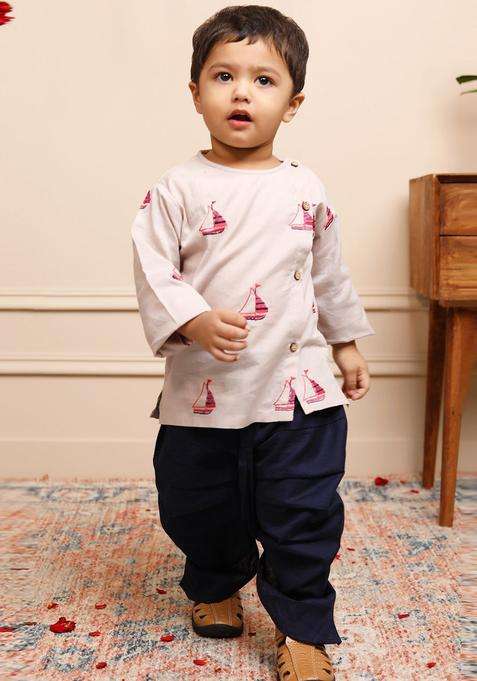 Grey Embroidered Cotton Kurta Set For Boys
