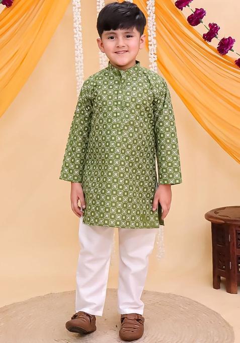 Green Printed Cotton Kurta Set For Boys — view on Indya