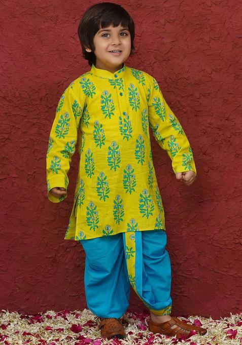 Beige Printed Cotton Kurta Set For Boys — view on Indya