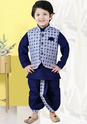 Blue Self Design Silk Kurta Set For Boys