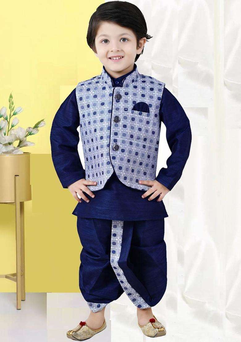 Blue Self Design Silk Kurta Set For Boys - Indya