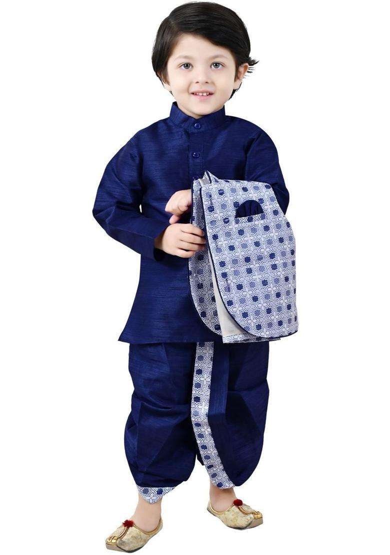 Blue Self Design Silk Kurta Set For Boys - Indya