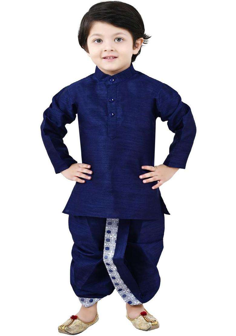 Blue Self Design Silk Kurta Set For Boys - Indya