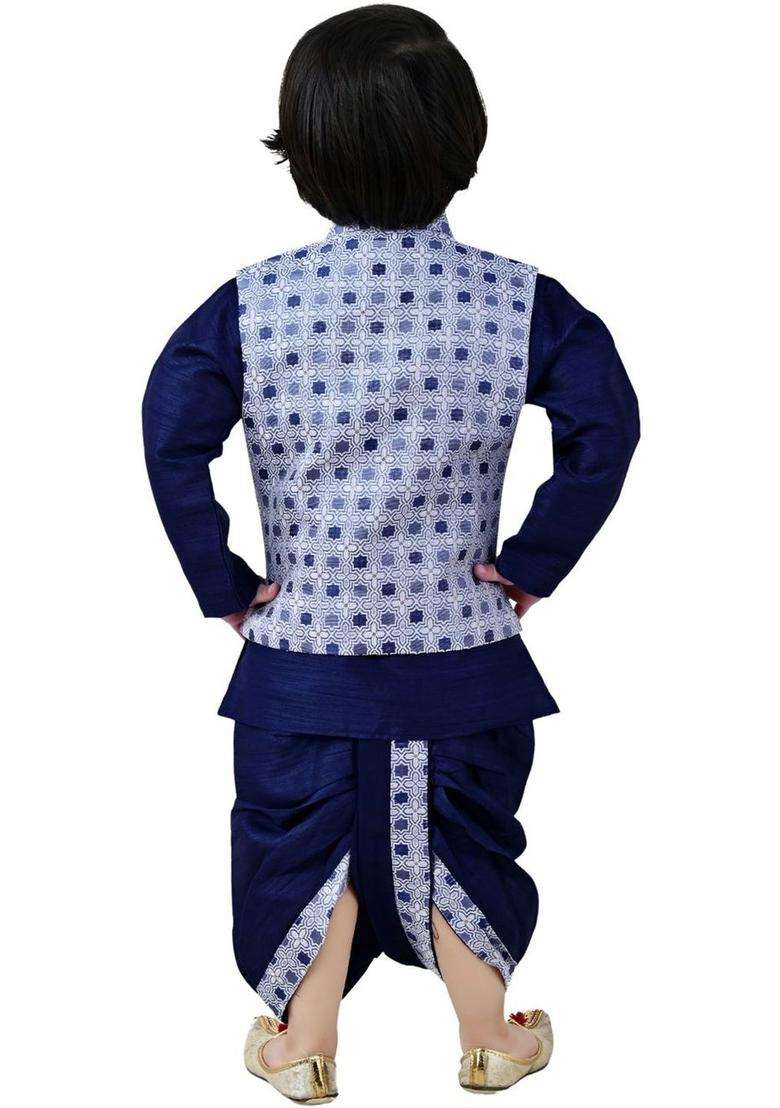 Blue Self Design Silk Kurta Set For Boys - Indya