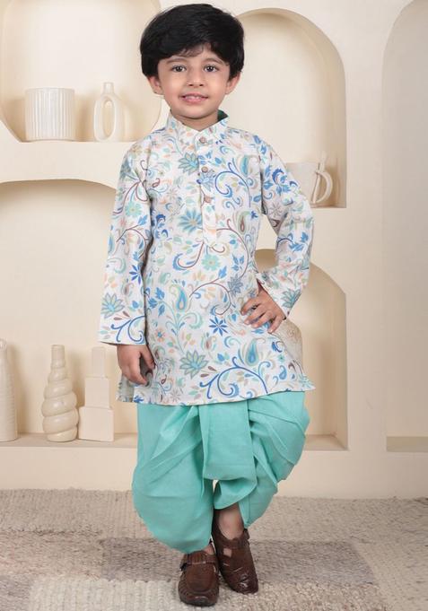 White Printed Cotton Kurta Set For Boys — view on Indya