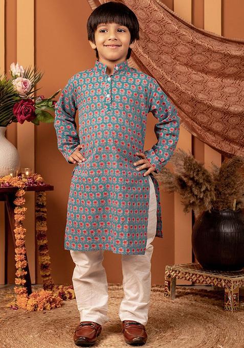 Mauve Printed Cotton Kurta Set For Boys — view on Indya