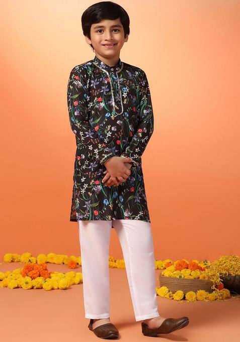 Black Printed Cotton Kurta Set For Boys — view on Indya