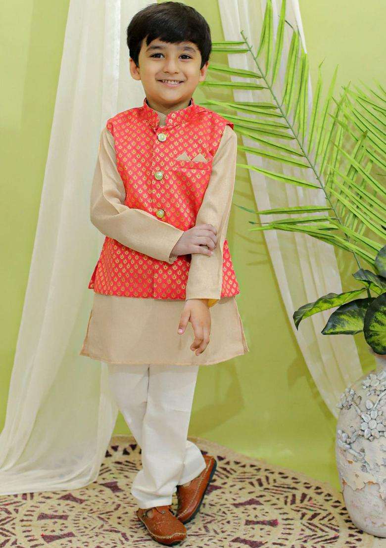 Coral Solid Cotton Kurta Set For Boys - Indya