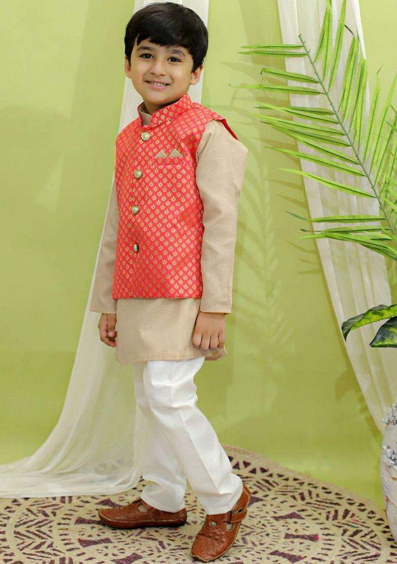 Coral Solid Cotton Kurta Set For Boys - Indya