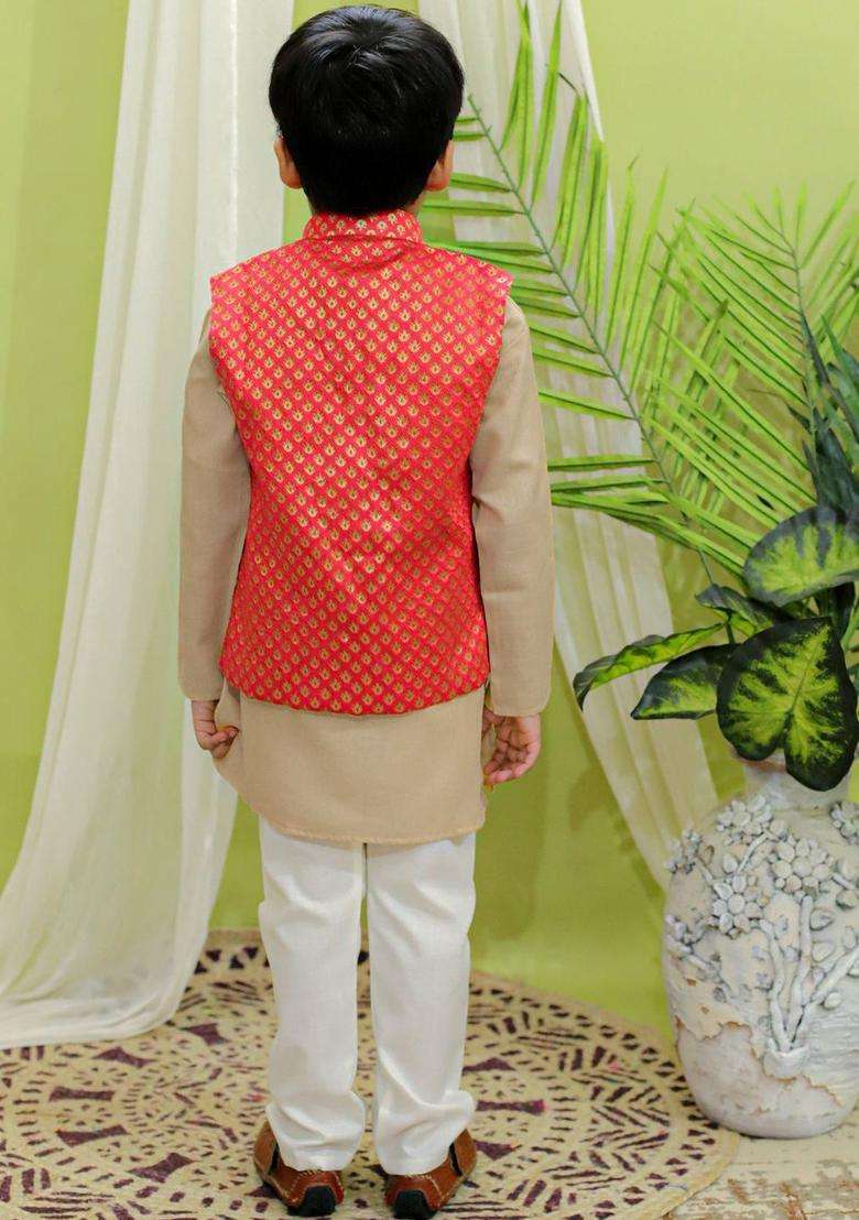 Coral Solid Cotton Kurta Set For Boys - Indya