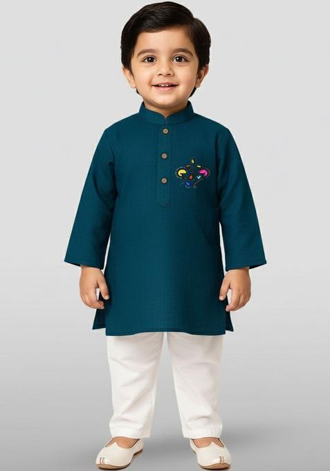 Teal Printed Cotton Kurta Set For Boys — view on Indya