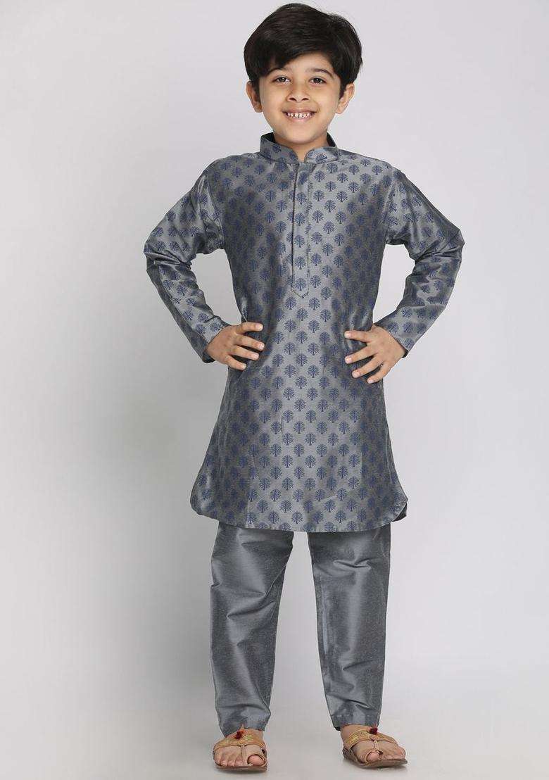 Grey Printed Cotton Kurta Set For Boys - Indya