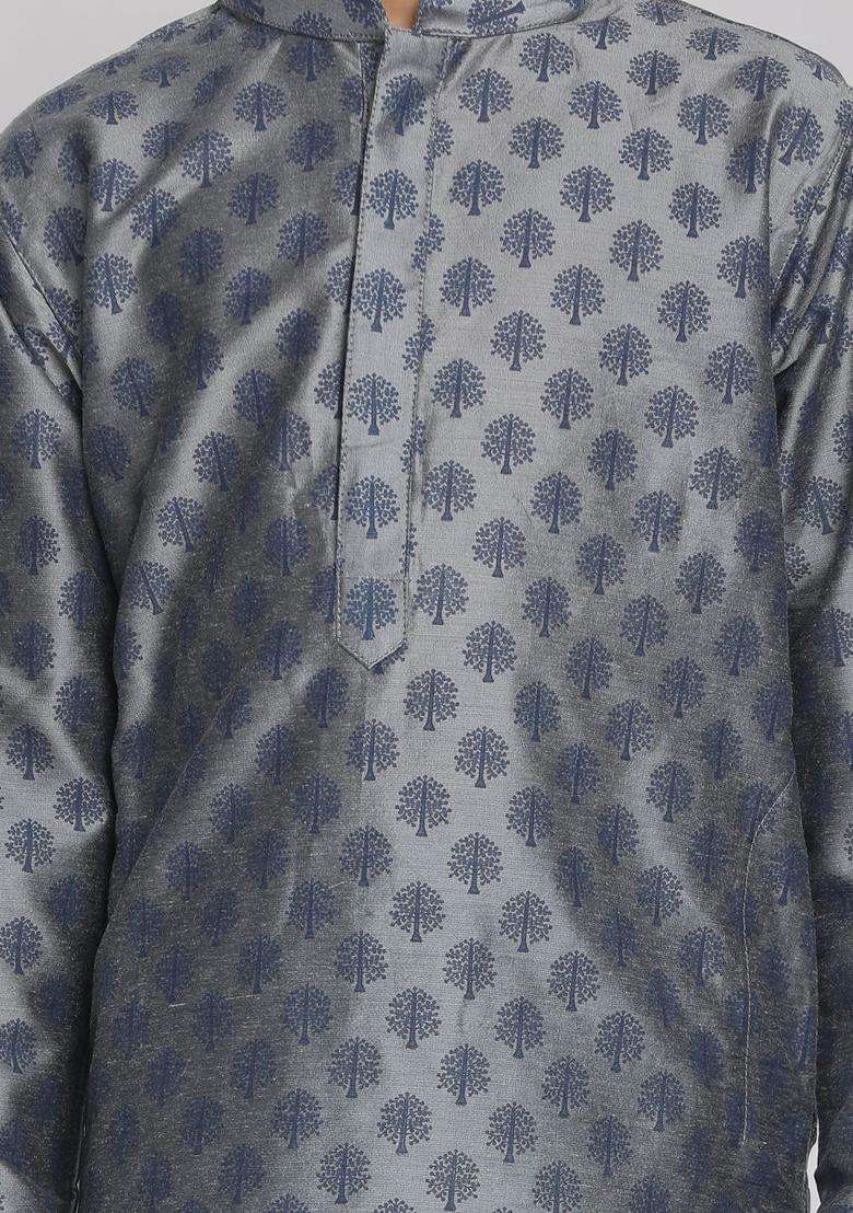 Grey Printed Cotton Kurta Set For Boys - Indya
