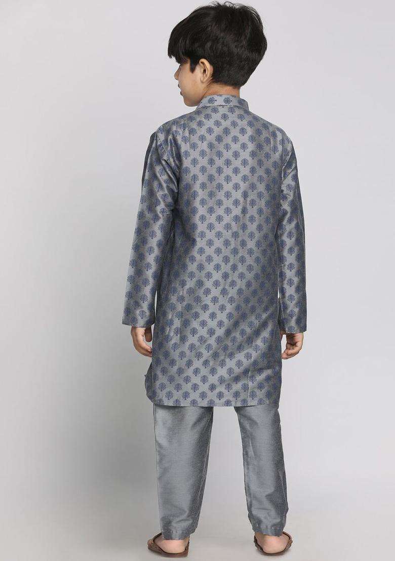 Grey Printed Cotton Kurta Set For Boys - Indya
