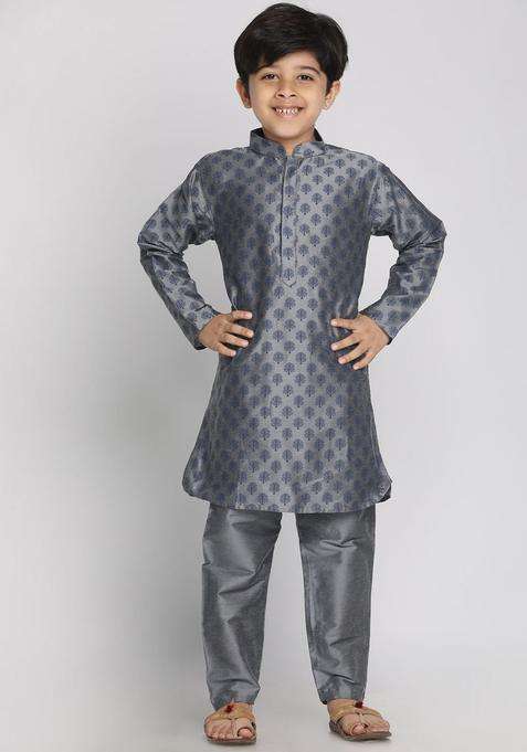 Grey Printed Cotton Kurta Set For Boys