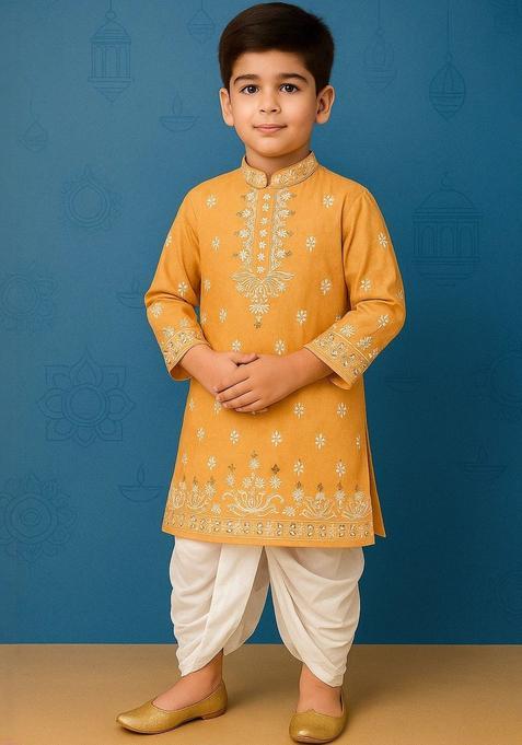 Yellow Printed Cotton Kurta Set For Boys — view on Indya