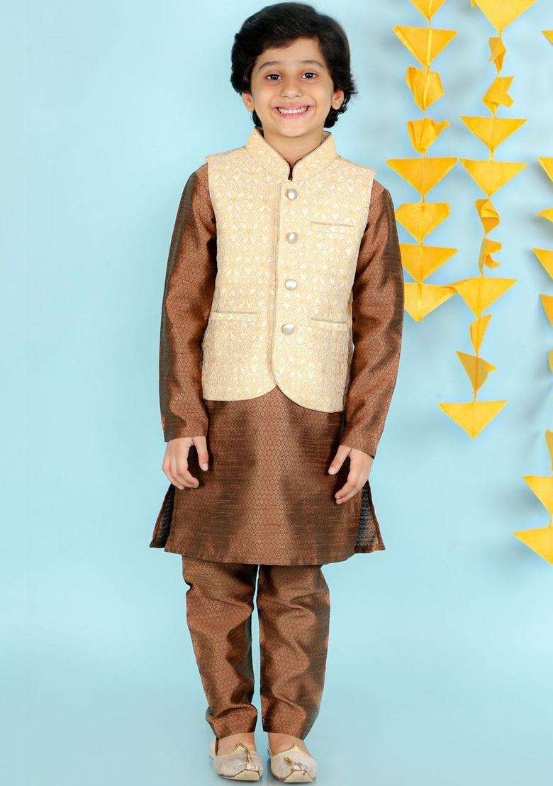 Brown Woven Design Silk Kurta Set For Boys - Indya