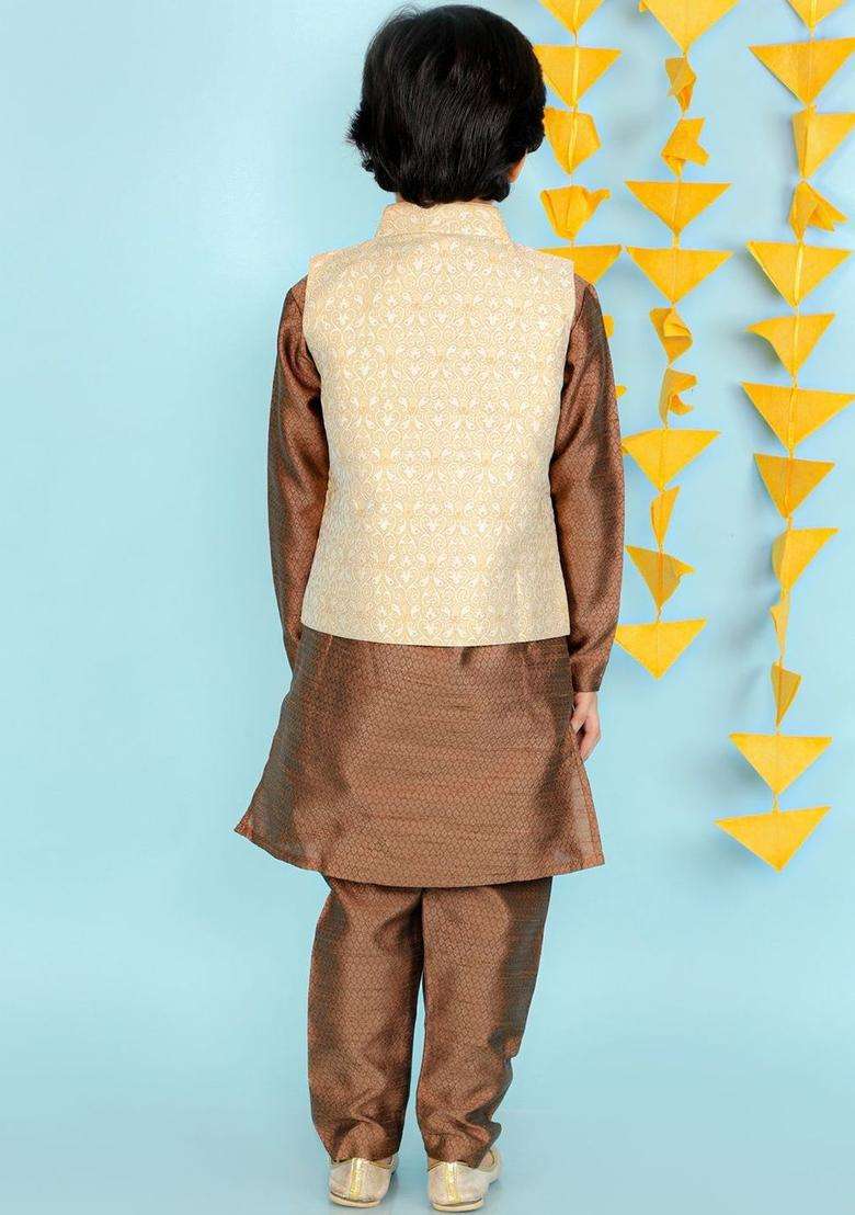 Brown Woven Design Silk Kurta Set For Boys - Indya