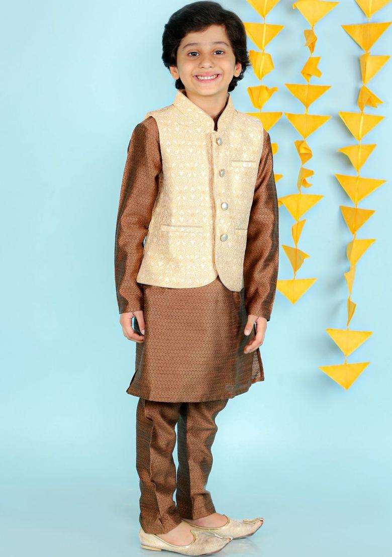 Brown Woven Design Silk Kurta Set For Boys - Indya
