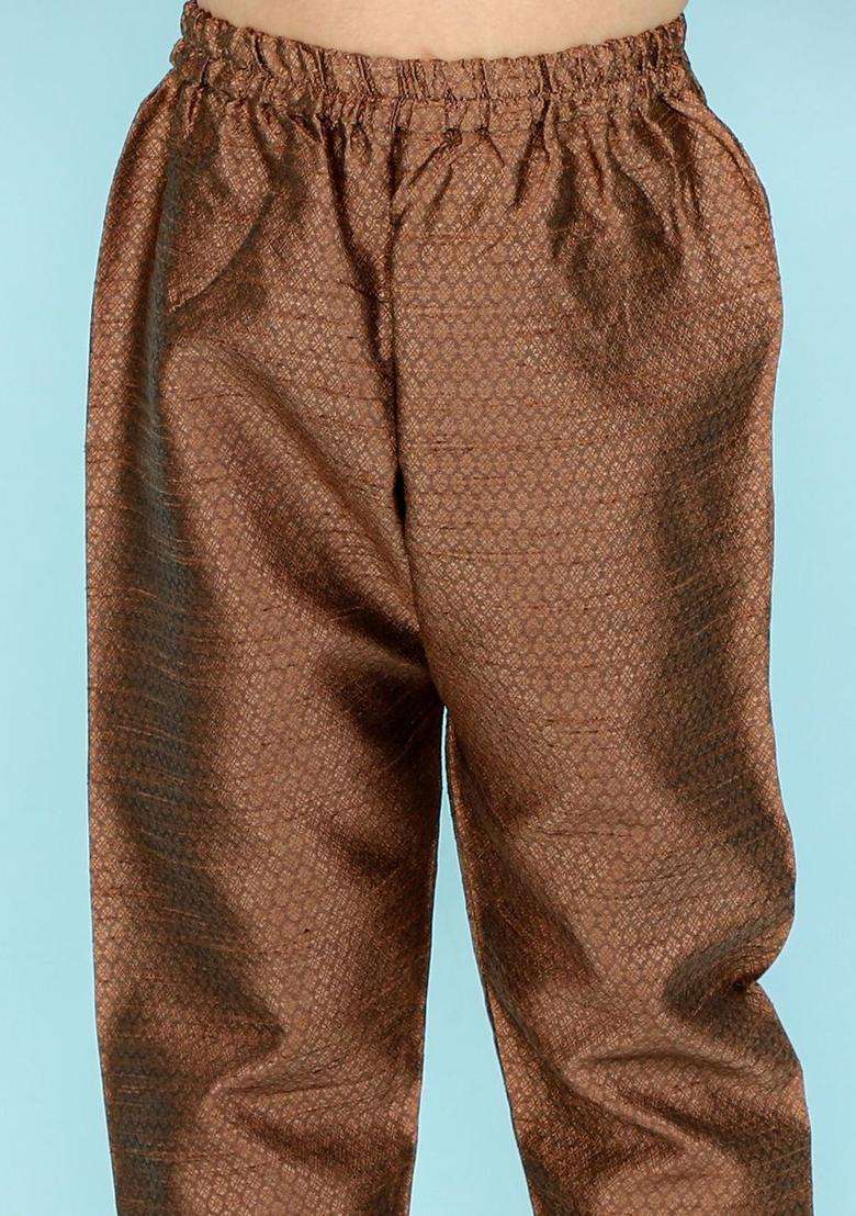 Brown Woven Design Silk Kurta Set For Boys - Indya
