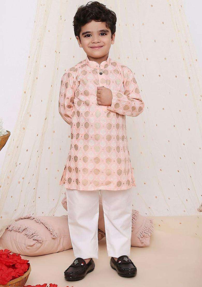 Peach Woven Design Silk Kurta Set For Boys - Indya