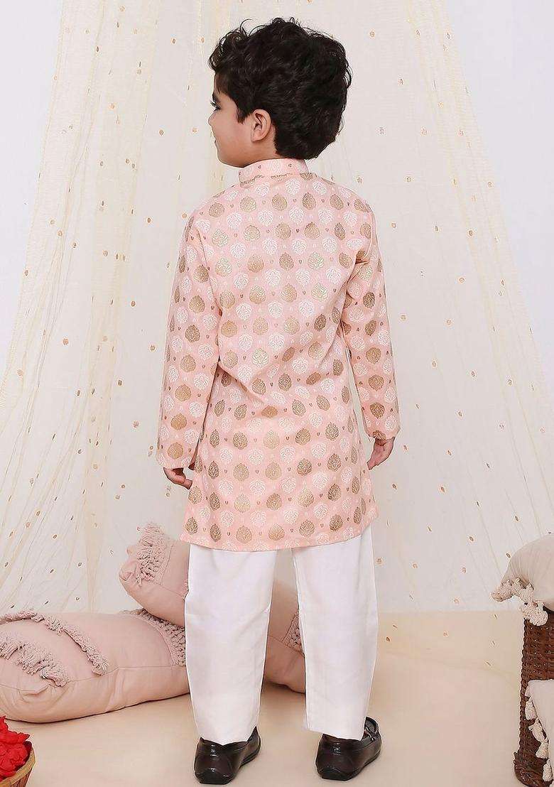 Peach Woven Design Silk Kurta Set For Boys - Indya