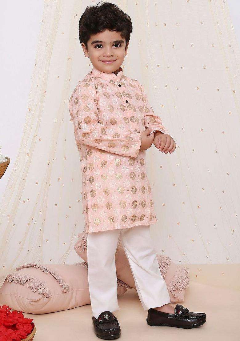 Peach Woven Design Silk Kurta Set For Boys - Indya