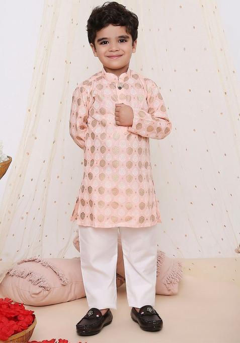 Peach Woven Design Silk Kurta Set For Boys — view on Indya