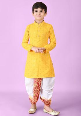 Yellow Embroidered Viscose Kurta Set For Boys