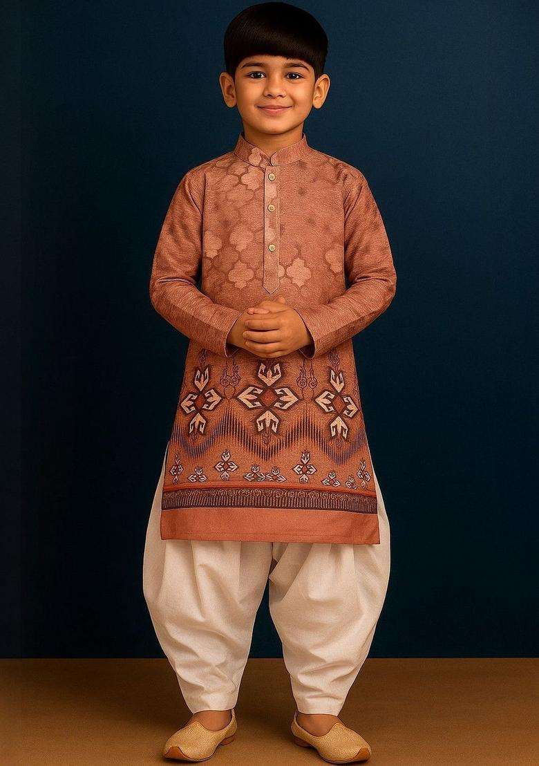 Brown Printed Cotton Kurta Set For Boys - Indya
