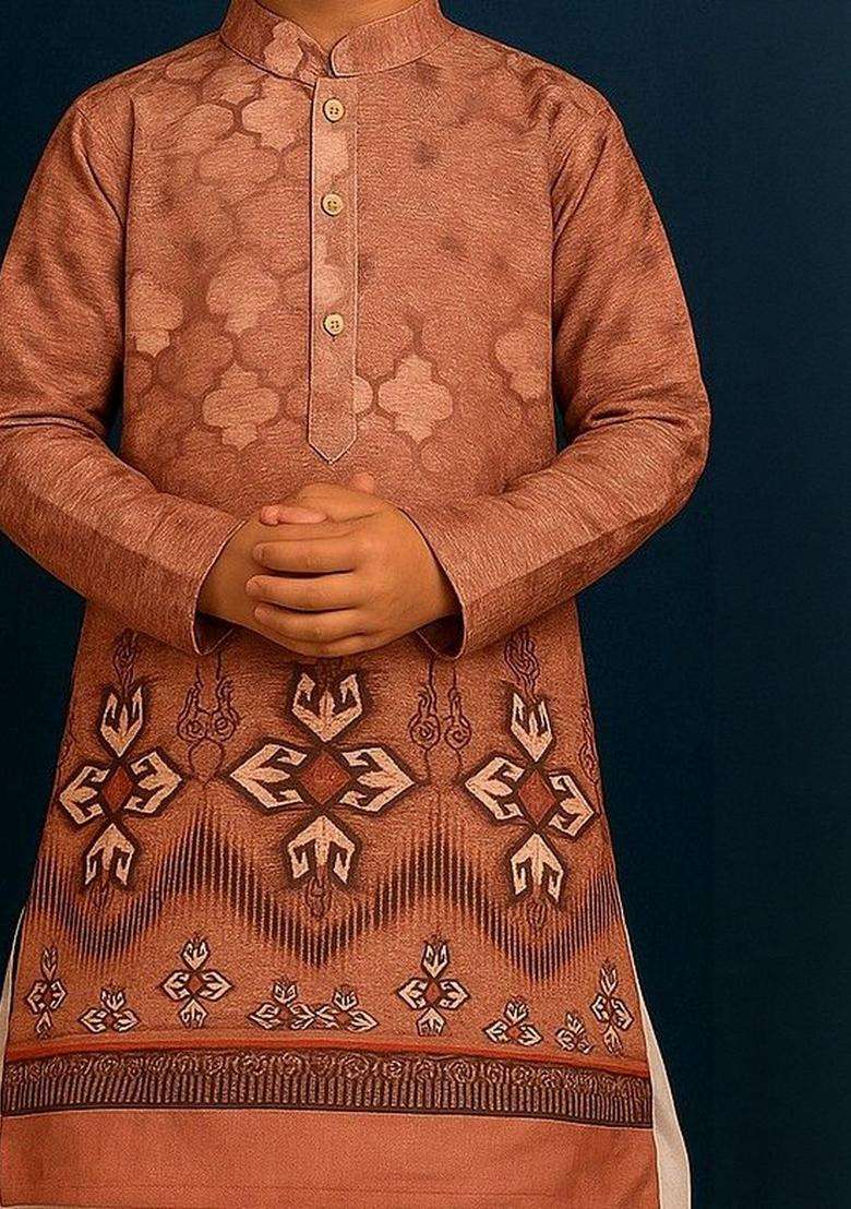 Brown Printed Cotton Kurta Set For Boys - Indya