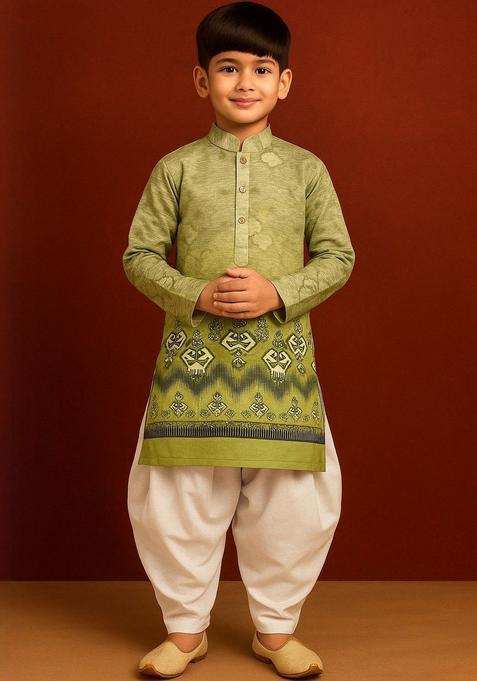 Lime Green Printed Cotton Kurta Set For Boys — view on Indya