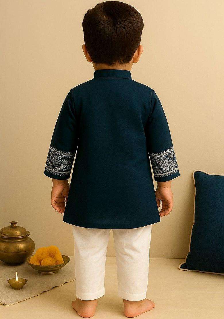 Navy Blue Printed Silk Kurta Set For Boys - Indya