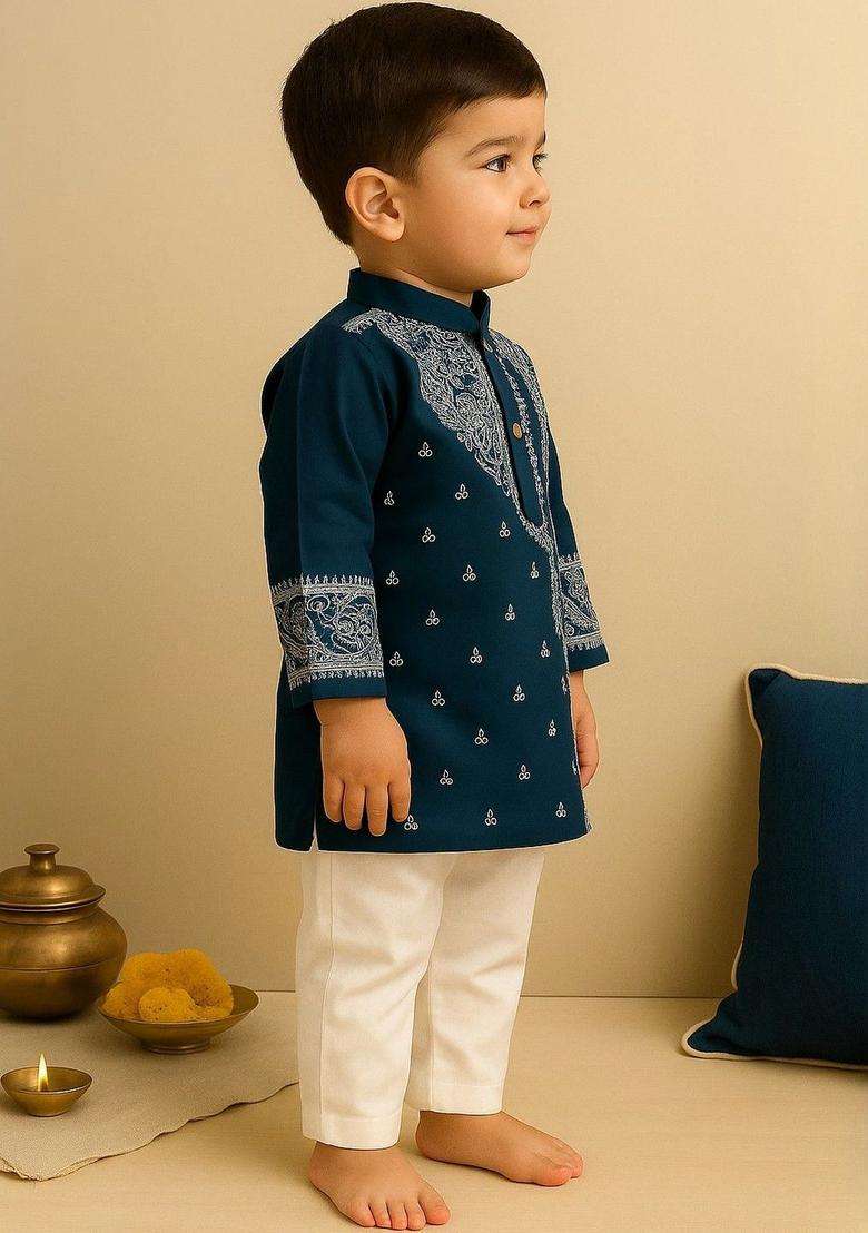 Navy Blue Printed Silk Kurta Set For Boys - Indya