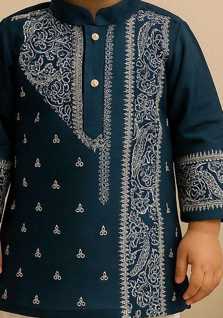 Navy Blue Printed Silk Kurta Set For Boys - Indya