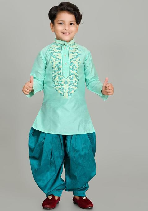 Sea Green Yoke Design Silk Kurta Set For Boys — view on Indya