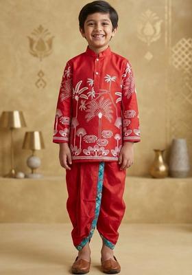 Red Printed Silk Kurta Set For Boys